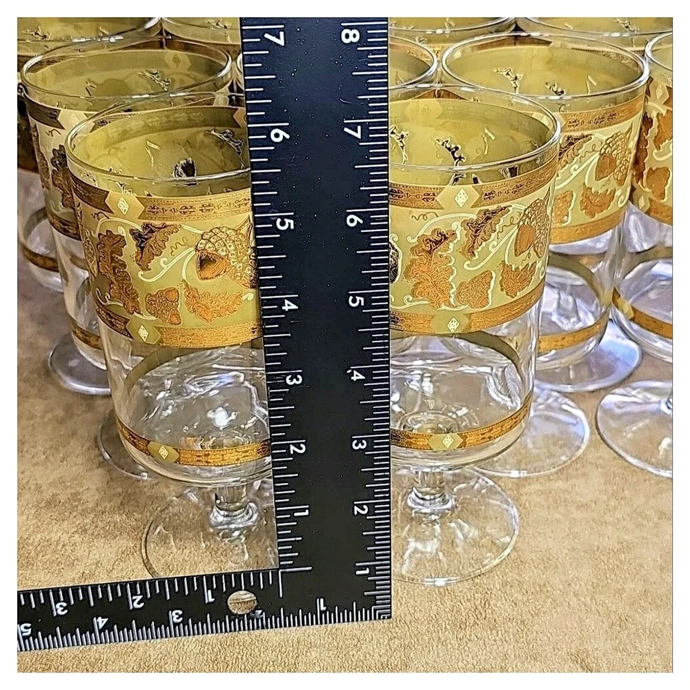 Vintage Cera Green Gold Oak Leaf Acorn Footed Glass Goblet MCM Barware Set Vera